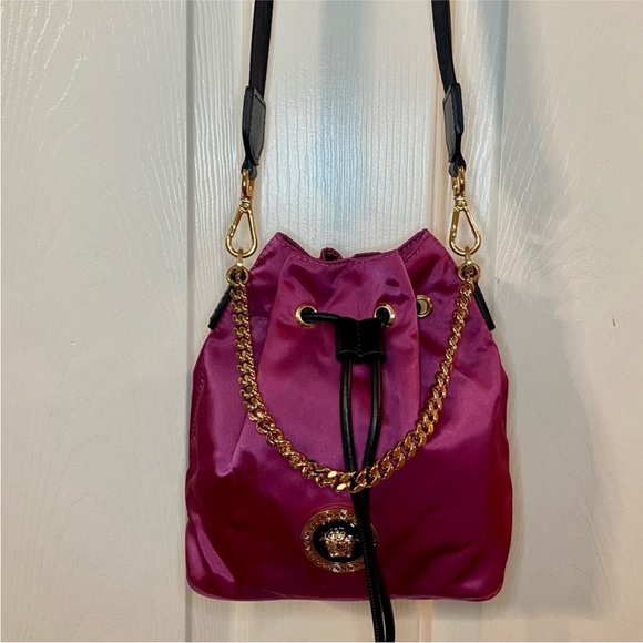 NEW!!! Versace Deep Fuschia Nylon and Black Leather Drawstring Bucket Bag - Picture 8 of 15